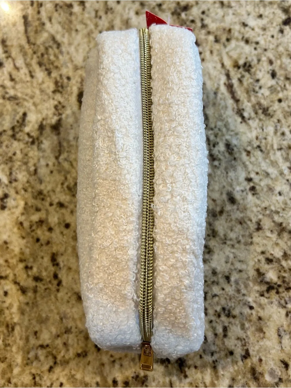 Disney White Sherpa NWT zippered Pouch with Pink & Blue Lilo & Stitch Patch.